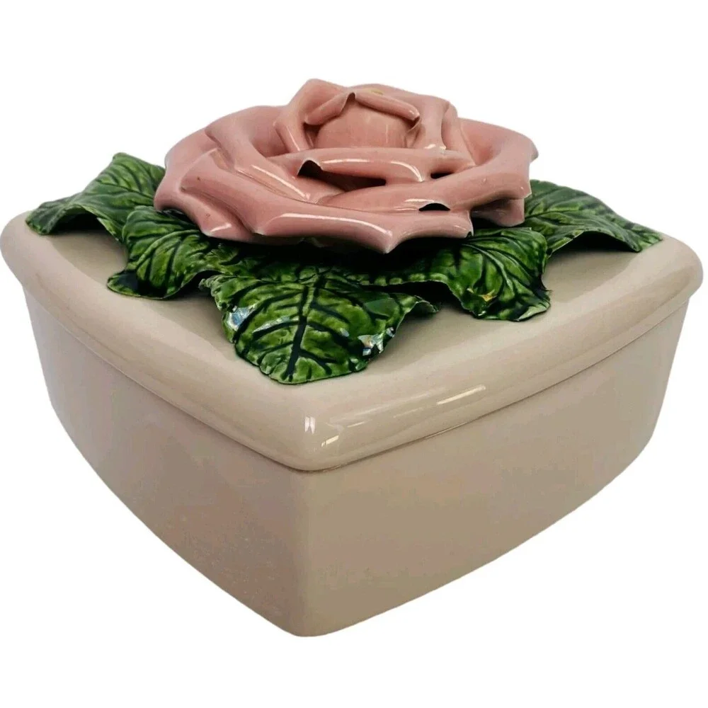 Vintage Valley Vista California Pottery Ceramic Lidded Trinket Box Raised Rose